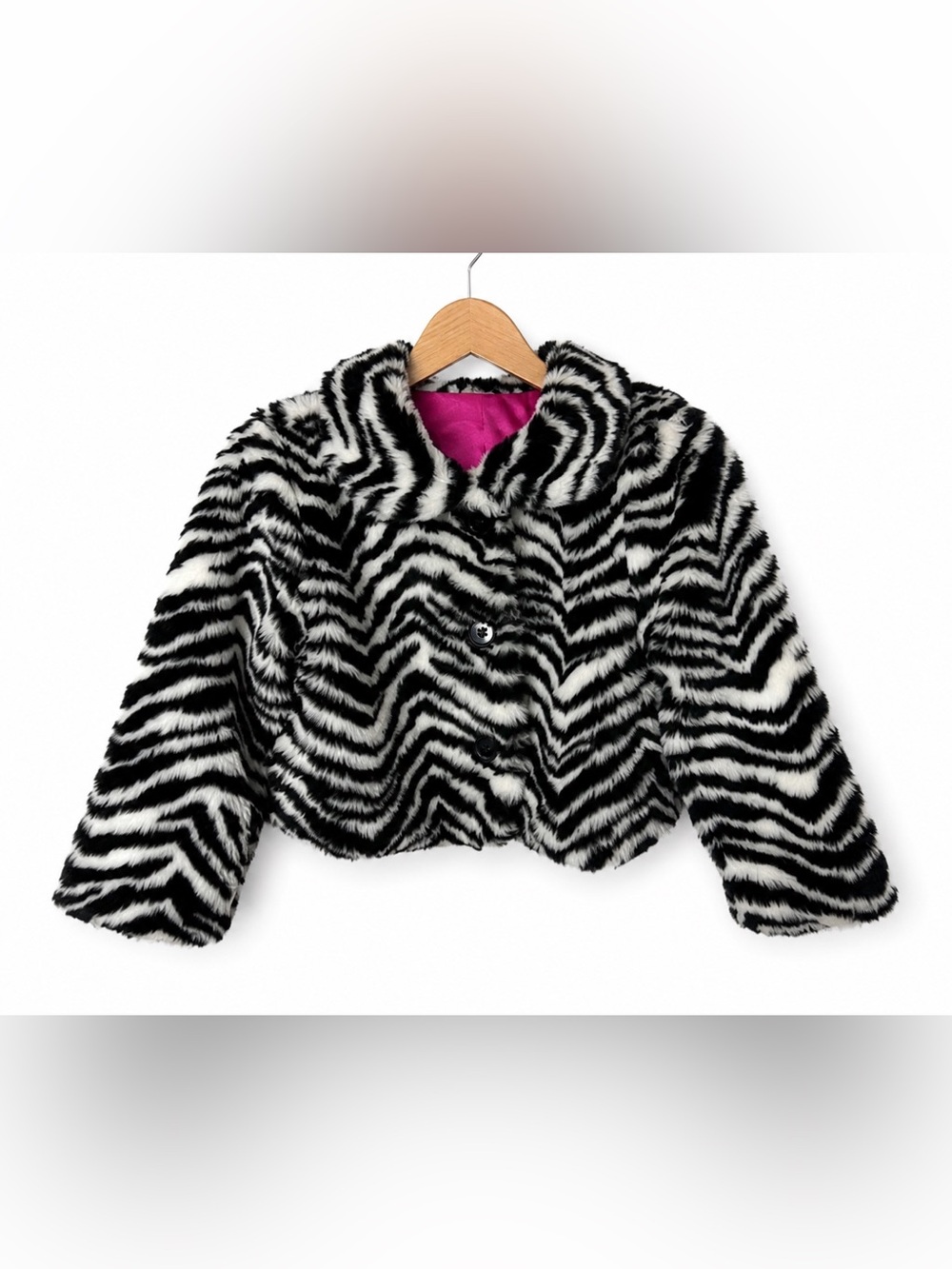 Gymboree Girls Faux Fur Zebra Print Coat Jacket XS Black White Plush Cropped